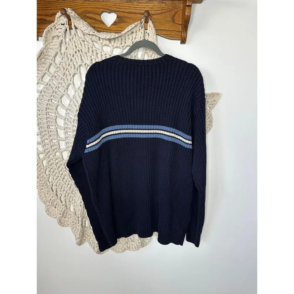 J.Crew Y2K Vintage Navy Blue Cotton Ribbed Striped Sweater Size XL